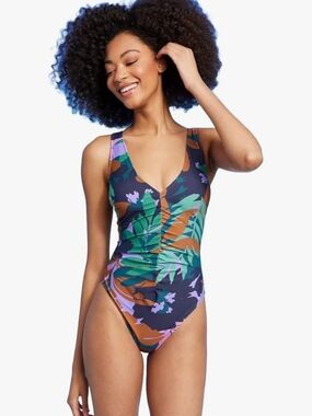 Leaf-Print V-Neck Ruched One-Piece Swimsuit in Green Multi